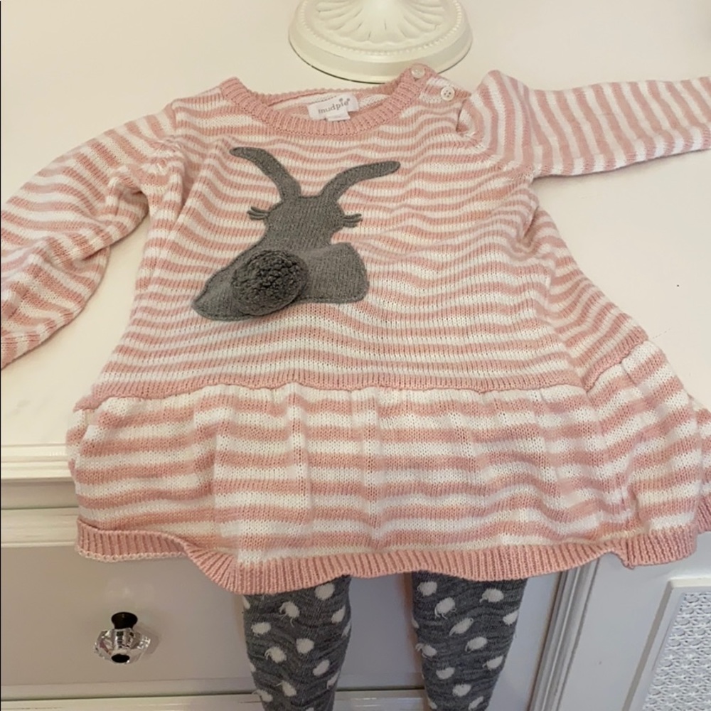 Mud pie 3T Easter Bunny sweater dress tights pink